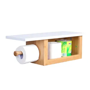 壁挂式竹质手纸架，带搁板和储物立方体木制盥洗室纸巾架