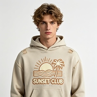 Sweat-shirt à capuche unisexe beige délavé effet vieilli style streetwear SUNSET CLUB pour homme, coupe ample