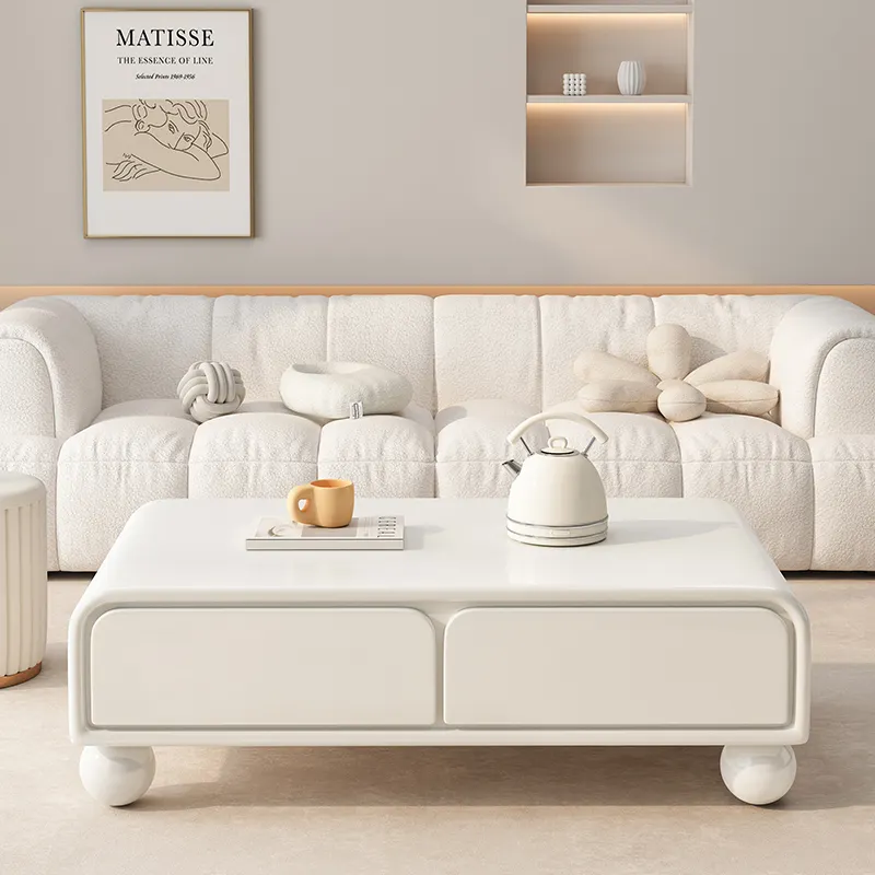 Mesa de centro de madeira estilo creme com pernas redondas, mesa de centro moderna e luxuosa esculpida em estilo creme para sala de estar