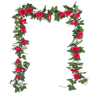 Produits tendance Rose Vigne 245cm Roses Rouges Fleurs Artificielle Maison Mariage Fleur Rose Mur Rotin Décoration
