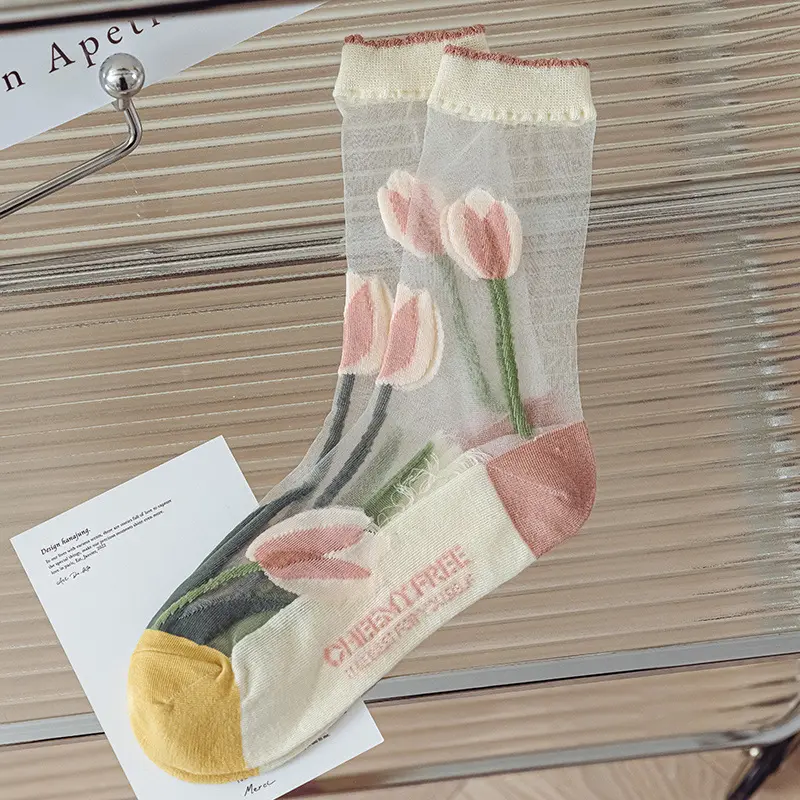 Women Crew Transparent Socks Flower Design INS Style Silk Socks Women Flower Socks