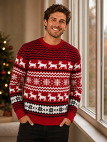 Ensemble de pulls de Noël en tricot style nordique pour la famille, motif rennes rouges festifs, pulls de Noël assortis, fabricant OEM personnalisé