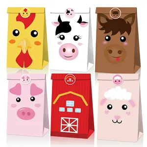 Huancai 농장 동물 파티 호의 가방 12pcs 크래프트 종이 가방 선물 캔디 치료 가방 스티커 생일 파티 용품