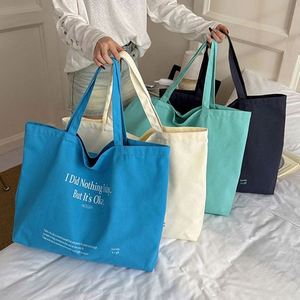 Sac fourre-tout en toile personnalisable, nouveau style, grande capacité, écologique, pour femmes, sac de shopping, sac à bandoulière en coton bleu beige pour les voyages - Product Image 2