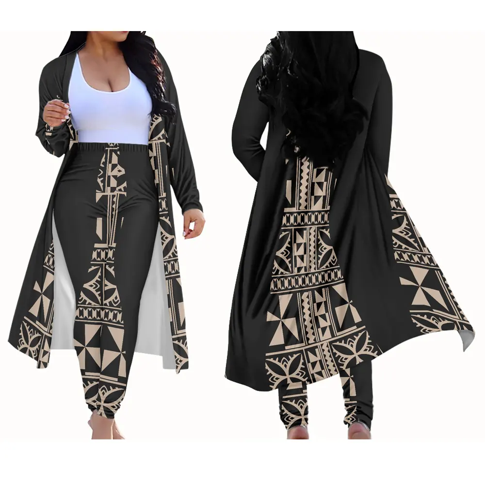 Cardigan Long imprimé de tatouage en polynésienne, avec col en v, personnalisés, pour femmes, manteau à manches longues et pantalon moulant, grande taille