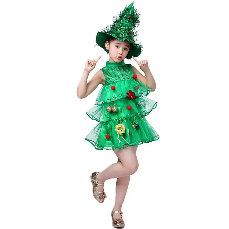 Weihnachts kinder benutzer definierte Säugling Rüschen Kleid mit Ornament Kinder Baby Mädchen Party grüne Kleider