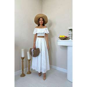 Ensemble haut et jupe en dentelle blanche bohème à épaules dénudées pour femme, tenue d'été respirante à manches courtes - Product Image 5