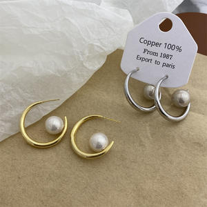 Women's New High Sense Fashion 14K Gold Plated <b>Stud</b> <b>Earrings</b> Copper Alloy Geometric Pearl Design Gift - Product Image 1