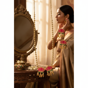 Direct Factory Sale Golden Ball Advanta Enamel Lotus Short Neckpiece and Earring Set For Women Wear <b>Indian</b> Exporters - Product Image 3