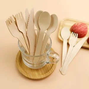 Custom Package Natural Birch Wood Biodegradable Outdoor Party Cutlery Disposable Wooden Cutlery Spoon Fork Knife