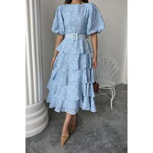 ชุดราตรีสีฟ้าอ่อนสำหรับขายส่ง แขนทรงบอลลูนแบบหลายชั้น พร้อมเข็มขัด - Product Image 2