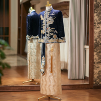 Costume de Mariage Traditionnel Chinois pour Homme, Broderie en Satin Jacquard, Bloc de Couleurs, Col Mandarin, Fermeture Éclair, Tenue de Cérémonie, Vente en Gros