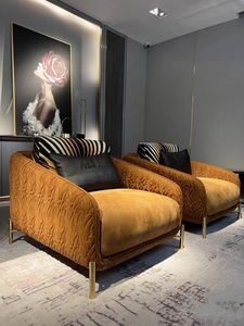 Sofá Italiano de Lujo Ligero en Cuero Naranja Esmerilado, Sofá Creativo Moderno y Sencillo para Sala de Estar de Villa, Sofá de Alta Gama con Patas Metálicas - Product Image 5