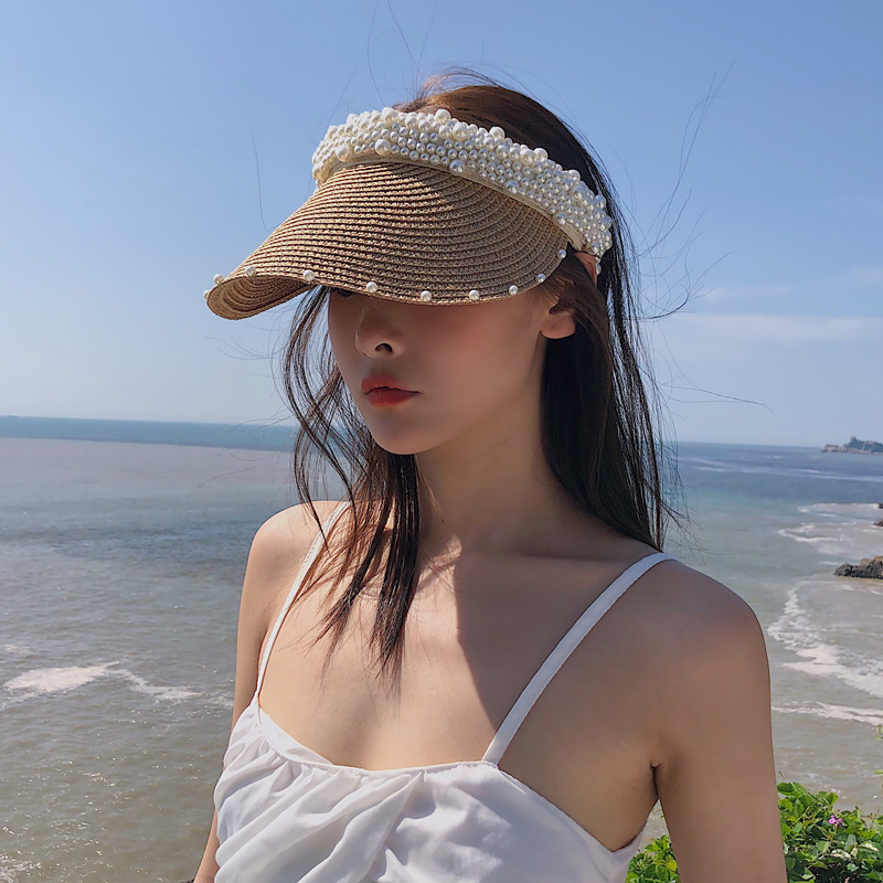 Straw Hat Women's Summer Handmade Pearl Beach Grass Empty Top Shade Screen Korean Style Internet Celeb