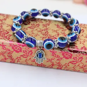 Hot 10mm Turkey Evil Eyes Beaded Stretch Charm Bracelet HAMSA Pendant Adjustable Handmade Resin Jewelry