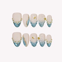 Kuku Akrilik Almond 3D Motif Bunga Mutiara Emas dan Cangkang Putri Duyung Warna Teal Cat-Eye, Lembut, Cocok untuk Pantai, Dapat Disesuaikan untuk Liburan