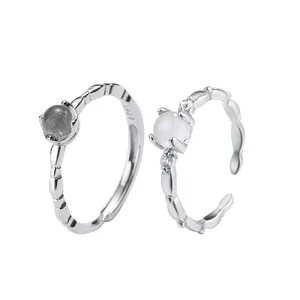 Anelli di pietre preziose semplici gioielli personalizzano 925 anelli solitario regolabili in pietra di luna in agata bianca intarsiata in argento Sterling