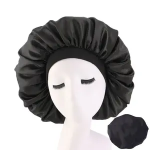 Gorro de satén con estampado de belleza para mujer, gorrito sedoso de talla grande, para dormir por la noche, gorro con cubierta para la cabeza, sombrero para rizos, elástico, color negro