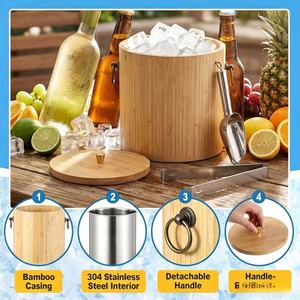 Cubo de hielo redondo de madera para enfriar bebidas en fiestas, con pinzas y cuchara. - Product Image 3