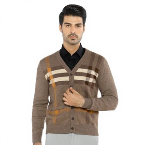Cardigan en tricot à carreaux pour homme, manches longues, col en V, laine acrylique, style automne, marron beige orange, pull à motifs - Product Image 1