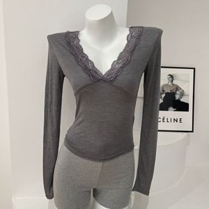 2025 di Brandy BM da <span class=keywords><strong>donna</strong></span> Casual semplice in pizzo a collo a V t-shirt a maniche lunghe Sexy Versatile canottiera per la primavera estate colore puro - Product Image 4