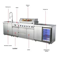 Meuble de cuisine encastré en acier inoxydable, moderne et simple, pour extérieur, avec vasque intégrée et réfrigérateur double porte
