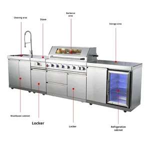 Meuble de cuisine encastré en acier inoxydable, moderne et simple, pour extérieur, avec vasque intégrée et <span class=keywords><strong>réfrigérateur</strong></span> double porte - Product Image 3