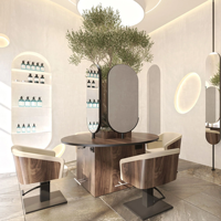 Station de coiffure circulaire commerciale à quatre postes avec miroirs ovales et repose-pieds pour salon de coiffure