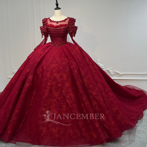 XS298 Vestido de Quinceañera Rojo Popular de Manga Larga con Corte Imperio, Cola Capilla, Apliques de Cristal y Estampado con Cuentas - Product Image 2