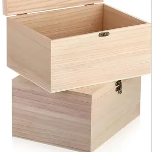 2 Pcs Grande boîte en bois non finie avec couvercle articulé et fermoir frontal, rectangle non peint Boîtes en bois DIY Coffre au trésor