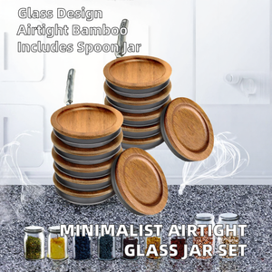 Hot Sale Minimalist Design Kitchen <b>Storage</b> Set Airtight Wooden- Lid <b>Glass</b> Jar Spoon Pot Spice Drawer Eco-Friendly <b>Food</b> Use - Product Image 2