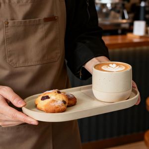 Home Office Restaurant Drinkware Stoneware Latte Espresso Coffee Tea <b>Cups</b> with Tray Set Oval Ceramic Dessert Plate - Product Image 4