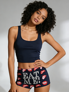 Shorts taille haute bleu marine à imprimé lèvres pour femme – Respirants, décontractés, confortables, avec taille élastique, parfaits pour se détendre et dormir - Product Image 6