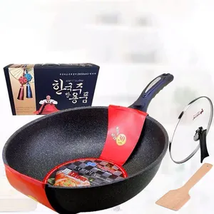 Household Maifan Stone Wok Flat Bottom Without Oily Smoke Wok Kitchen Cookware Non Stick Frying Pan with Glass Cover