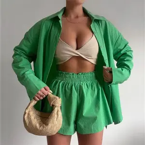 Spring Summer Lady Clothing Long Sleeve Button Stitching, Outfits Two 2 Pieces Short Pants Comfy Shirt Green Sets For Women/