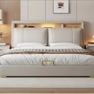 เตียงคู่ทันสมัยพร้อมที่เก็บของ เตียงไม้ขนาดควีนไซส์และคิงไซส์ เตียงหนังอเนกประสงค์พร้อมที่เก็บของและโต๊ะทำงาน - Product Image 4