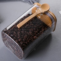 Vente en gros de pots en verre borosilicate transparent de qualité supérieure, carrés, avec couvercle en bambou et cuillère, hermétiques, pour le stockage d'épices, de sel, de bonbons, de noix