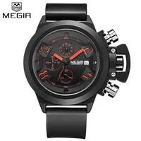 Montre Megir 2002 G Sport 6 aiguilles grand boîtier pour homme, montre Megir pas chère en silicone noir et blanc, montre de sport pour la course à pied