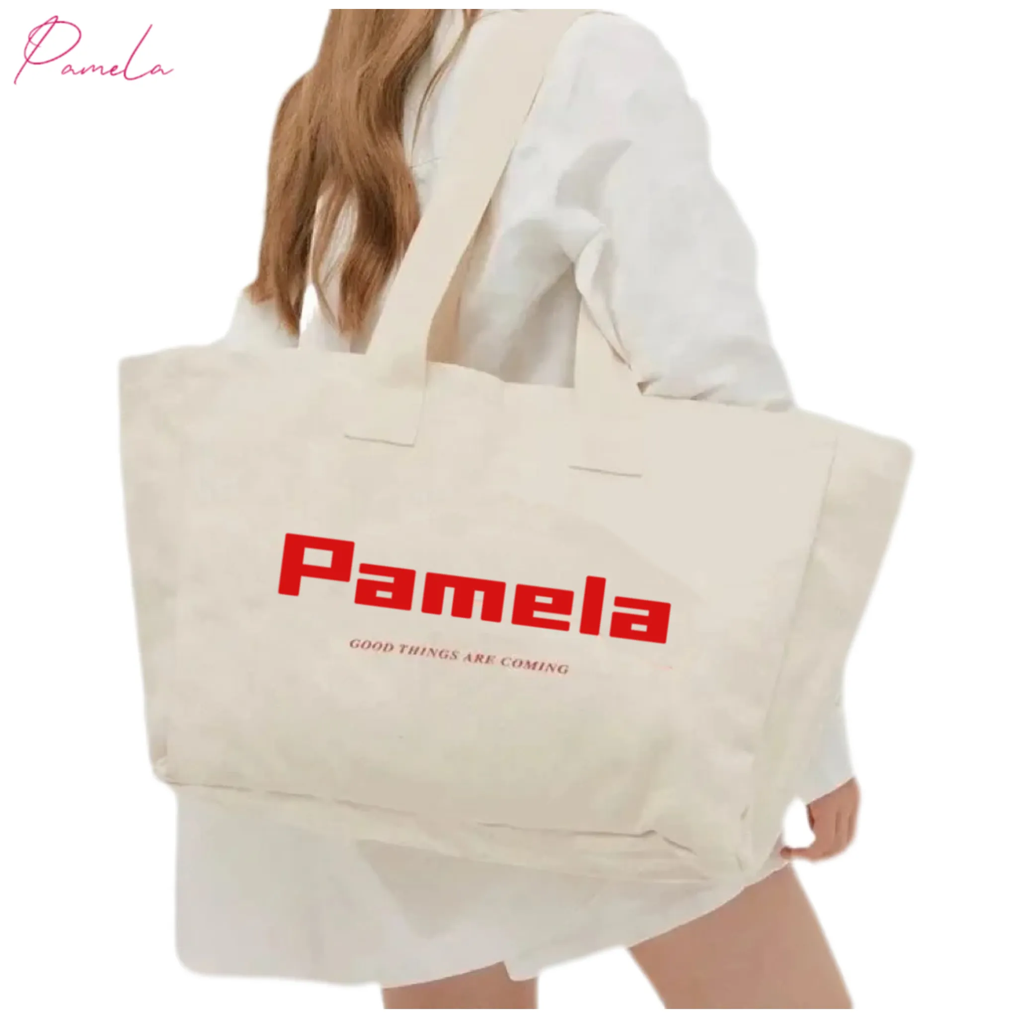 Pamela Extra Large Tote Bolso de playa Liso Lona de algodón Grueso Personalizado Bolso de mano de lujo Bolso de lona con bolsillo y cremallera