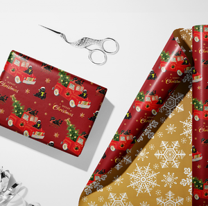 Papel de Regalo Navideño Dorado y Verde con Diseño de Árbol de Navidad, Camión y Gato, Doble Cara, Estilo Moderno, 26 Unidades - Product Image 1