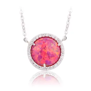 Wholesale Price 925 Sterling Silver CZ Diamond Pink Round Cabochon Opal Pendant Necklace