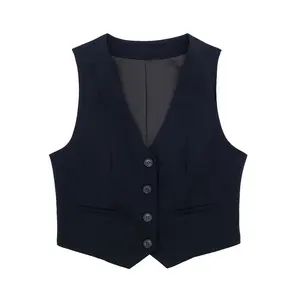 TAOP&ZA 2023 Autumn and Winter New V-neck Sleeveless Vest Dark Blue Short Vest Women's Wholesale 7102237 7102337