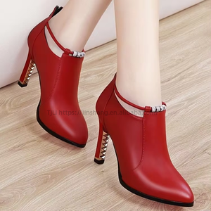 Vente en gros d'usine, escarpins rouges en PU à talons hauts, sangle en strass, chaussures de soirée pour femmes - Product Image 3
