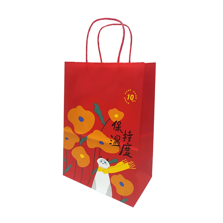 Custom Paper Bags For Food Takeaway With Logo Kraft Square Bottom Handles Black Red Handle Gift Paper Bag