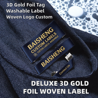 Étiquette en ruban tissé de luxe, auto-adhésive, avec estampage à chaud 3D en feuille d'or et sérigraphie, personnalisée, douce, lavable, à extrémités pliées, pour chemises et sacs