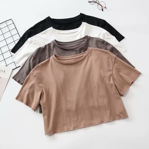 2022 yüksek kalite toptan özel yaz düz % kısa kollu tişört pamuk gevşek Retro kırpma üst yuvarlak boyun T Shirt - Product Image 6