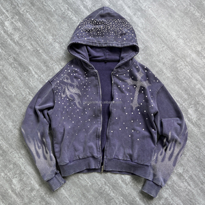 ผู้ผลิตเสื้อฮู้ดดี้ทรงครอปผ้าคอตตอนหนา 100% แบบซิป สไตล์สตรีทแวร์ ล้างสีแบบแอซิดวอช ทรงโอเวอร์ไซส์ ประดับคริสตัล ซิปแบบรูดขึ้น - Product Image 1