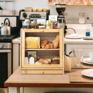 Grande boîte <span class=keywords><strong>à</strong></span> <span class=keywords><strong>pain</strong></span> <span class=keywords><strong>pour</strong></span> comptoir de <span class=keywords><strong>cuisine</strong></span>, double couche en bois de bambou, grande capacité de stockage de <span class=keywords><strong>pain</strong></span> avec panneau de porte ondulé en acrylique - Product Image 2