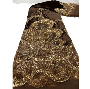 Tela de terciopelo marrón K/C con encaje bordado, <span class=keywords><strong>lentejuelas</strong></span> doradas, cuentas y pedrería, tela pesada para vestido de novia Aso Ebi Abaya, 8 colores en stock - Product Image 1