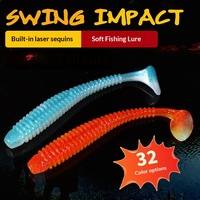 Appâts souples en PVC spirale 63mm 80mm 97mm, salés et parfumés, avec queue en T, paillettes laser et double crochet à rainure pour la pêche au bar, à la truite et en eau douce